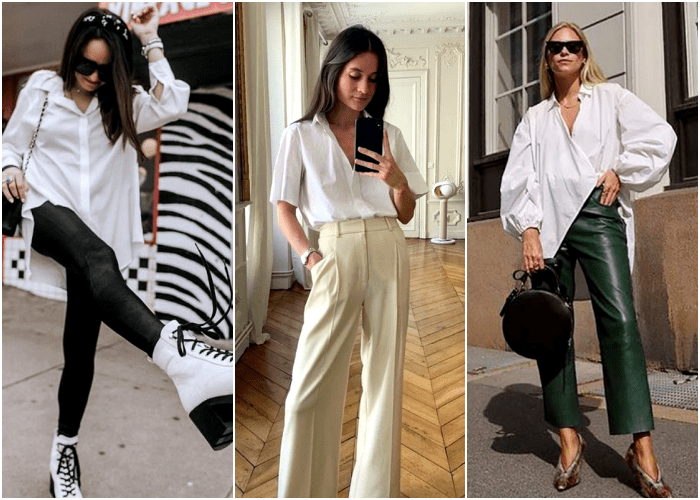 chica de cabello castaño, rubio con lentes de sol, usando una camisa de vestir blanca con pantalones de cuero verdes, leggings negros y pantalón de vestir beige con botas blancas de plataforma y tacones cafés con animal print