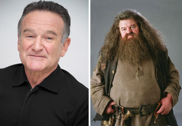 Del lado izquierdo el actor Robin Williams  y del lado derecho el personaje de Hagrid de 'Harry Potter'