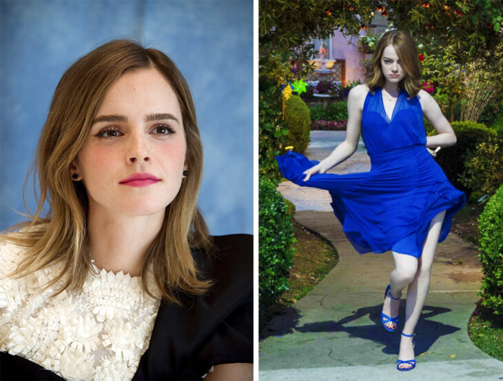 Del lado izquierdo la actriz Emma Watson y del lado derecho el personaje de Mia de 'La la land'