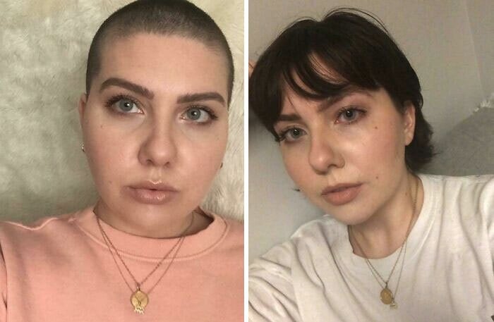 Chica antes y después de cortar su cabello con flequillo; antes y después de dejarlo crecer