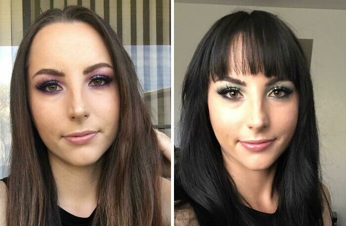 Chica antes y después de cortar su cabello con flequillo; en rostro alargado y definido