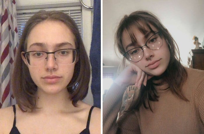Chica antes y después de cortar su cabello con flequillo; con anteojos y cabello castaño claro