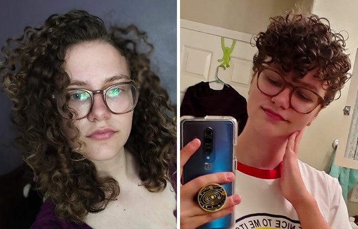 Chica antes y después de cortar su cabello con flequillo; en cabellera rizada 