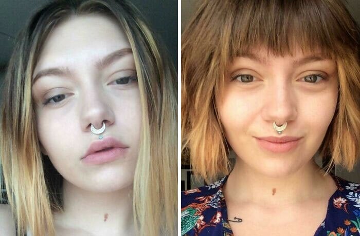 Chica antes y después de cortar su cabello con flequillo; en etilo bob trozado