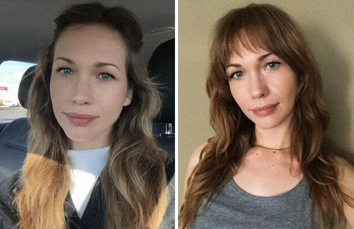 Chica antes y después de cortar su cabello con flequillo; peinado con ondas y suelto