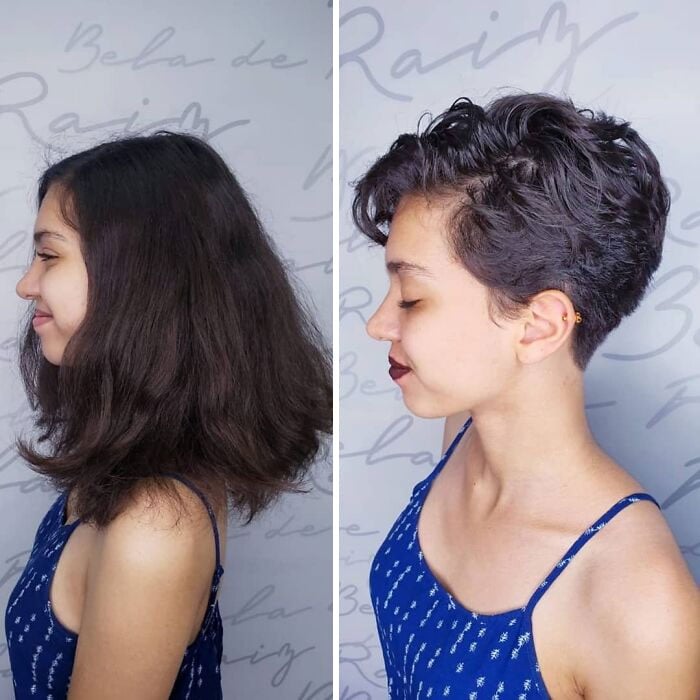 Chica antes y después de cortar su cabello estilo pixie