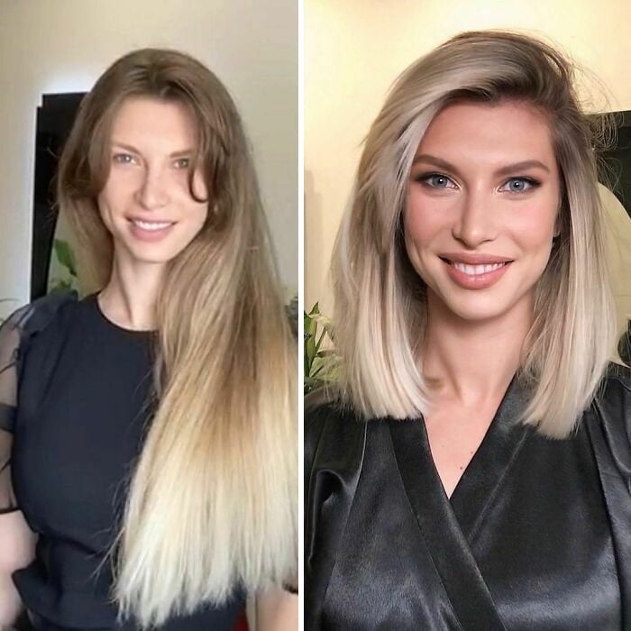 Chica antes y después de cortar su cabello por debajo de los hombros y teñirlo en tono rubio