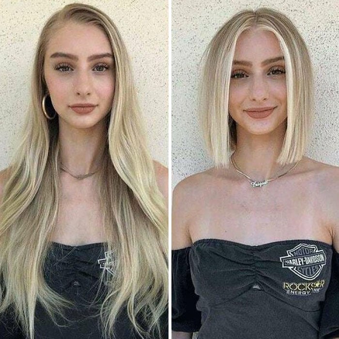Chica antes y después de cortar su cabello debajo de la barbilla