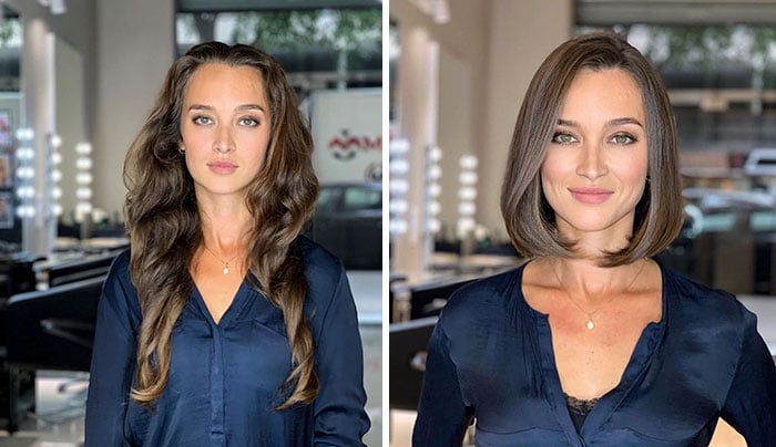 Chica antes y después de cortar su cabello a los hombros