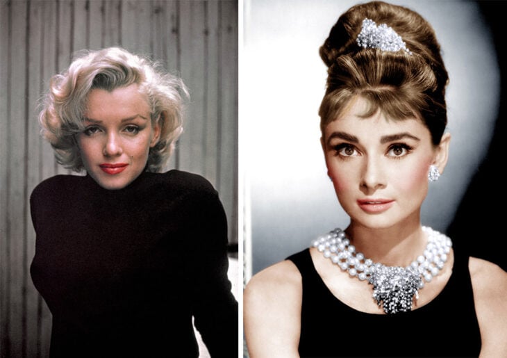 Del lado izquierdo la actriz Marilyn Monroe y del lado derecho el personaje de Holly Golightly de 'Diamantes para el desayuno'