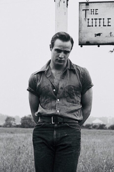 Marlon Brando recargado en una cerca de madera 