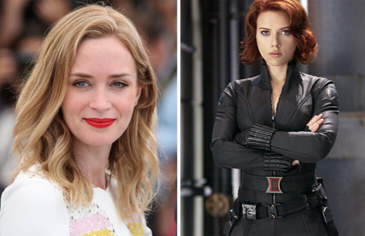 Del lado izquierdo la actriz Emily Blunt y del lado derecho el personaje de Black Widow