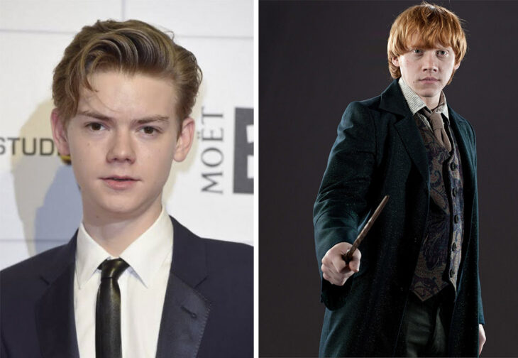 Del lado izquierdo el actor Thomas Brodie-Sangster y del lado derecho el personaje de Ron Weasley