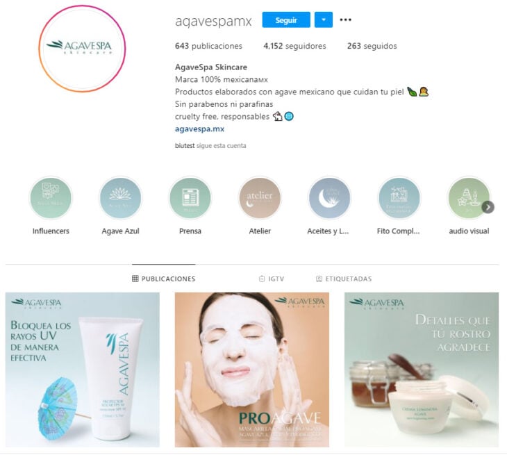 Perfil de Instagram de AgaveSpa Skincare, marca mexicana de productos de belleza