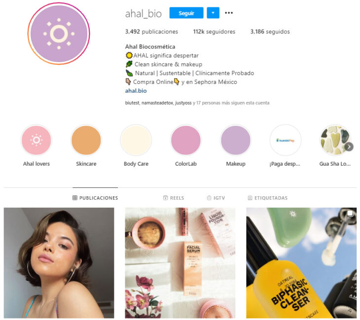 Perfil de Instagram de Ahal Biocosmética, marca mexicana de productos de belleza