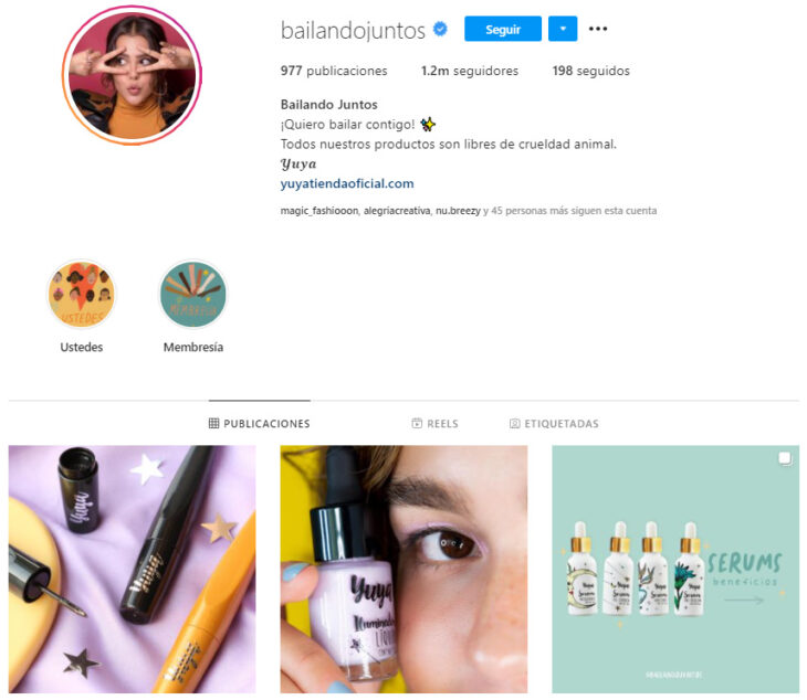 Perfil de Instagram de Bailando Juntos, marca mexicana de productos de belleza