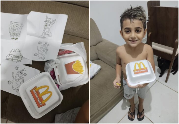 Enzo, niño sosteniendo una caja de comida rápida, Cafetería local improvisa un McDonalds para niño un enfermo