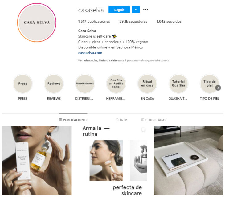 Perfil de Instagram de Casa Selva, marca mexicana de productos de belleza