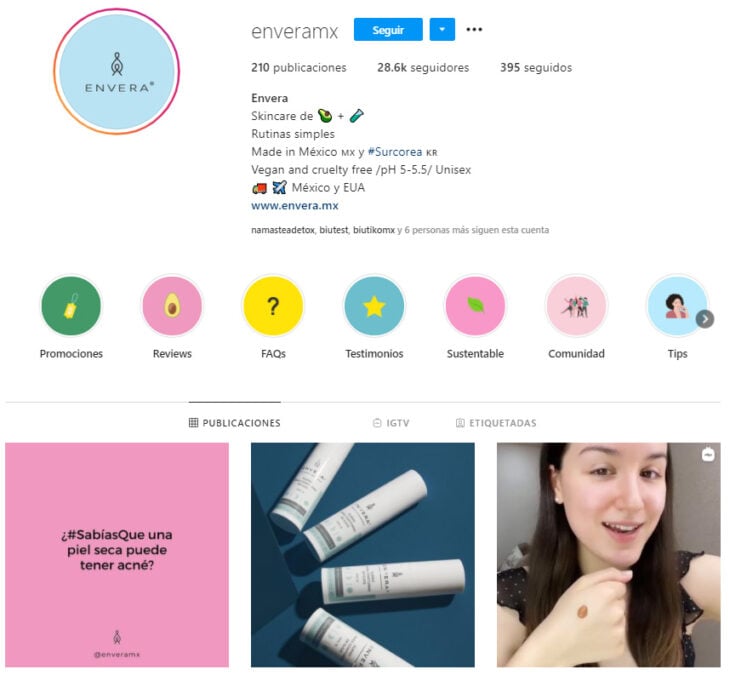 Perfil de Instagram de Envera, marca mexicana de productos de belleza