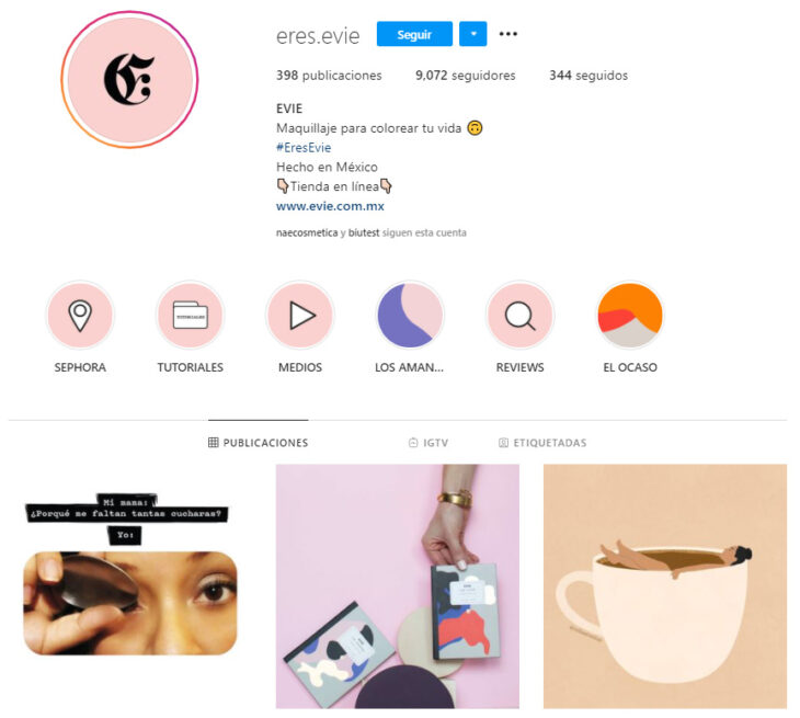 Perfil de Instagram de Evie, marca mexicana de productos de belleza