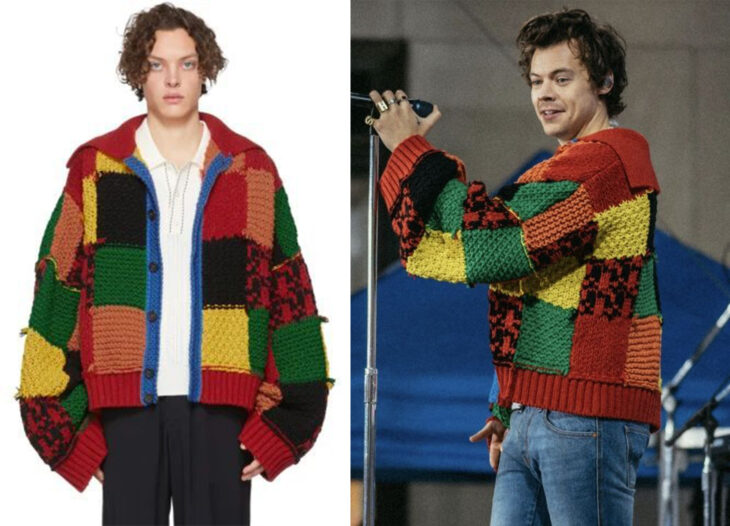 Harry Styles vistiendo suéter de parches de colores 