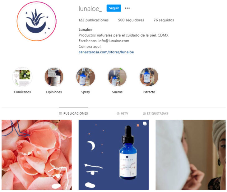 Perfil de Instagram de Lunaloe, marca mexicana de productos de belleza