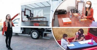 Maestra que daba clases en su camioneta es sorprendida con un aula móvil