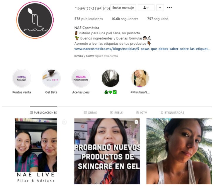 Perfil de Instagram de NAE Cosmética, marca mexicana de productos de belleza