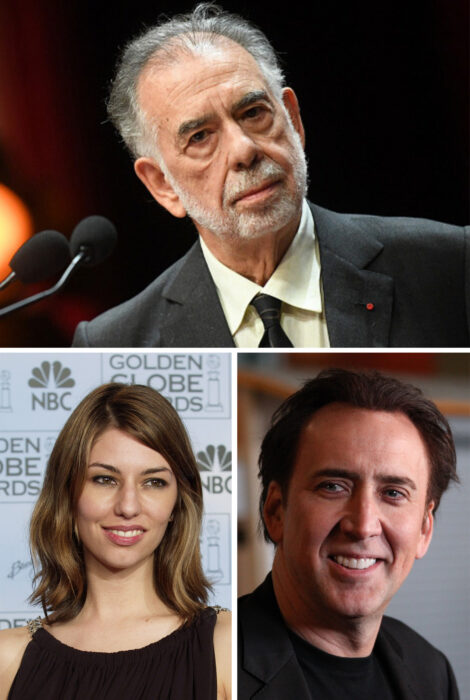 En la parte superior Francis Coppola, en la parte inferior izquierda Sofia Coppola y del lado inferior derecho Nicolas Cage