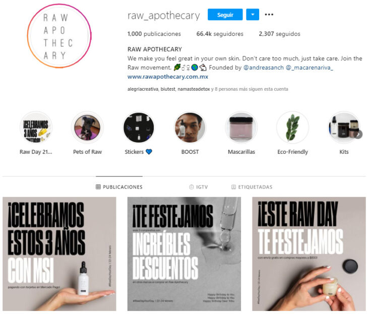 Perfil de Instagram de Raw Apothecary, marca mexicana de productos de belleza