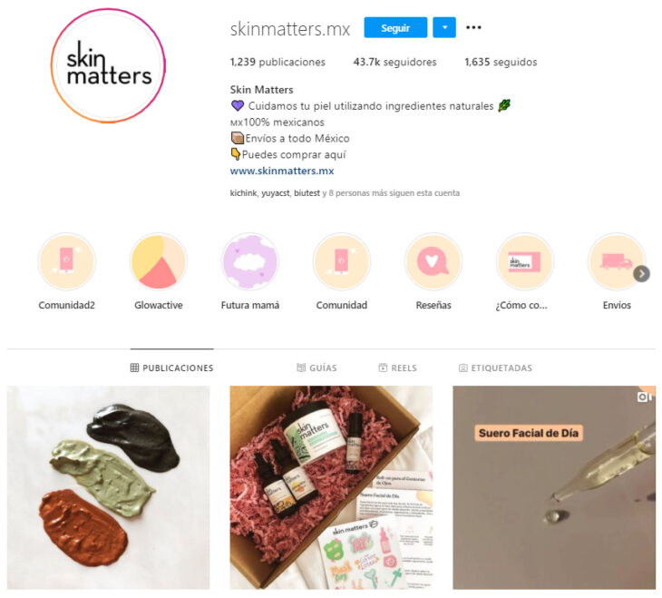 Perfil de Instagram de Skin Matters, marca mexicana de productos de belleza