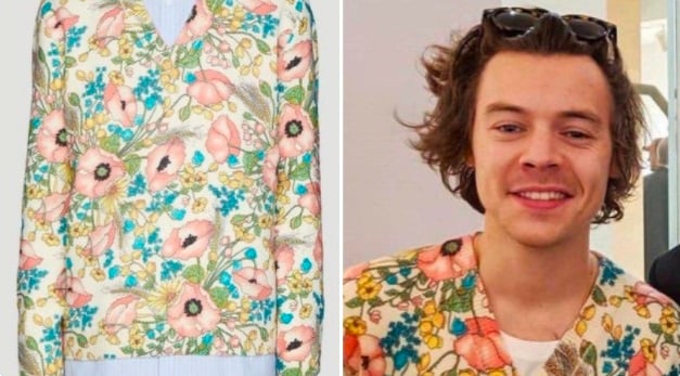 Harry Styles vistiendo un suéter de flores rosas con ramas verde y azules