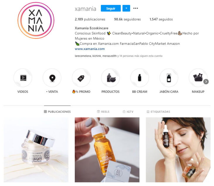 Perfil de Instagram de Xamania, marca mexicana de productos de belleza