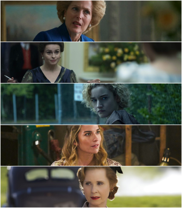 Gillian Anderson (“The Crown”)   Helena Bonham Carter (“The Crown”)   Julia Garner (“Ozark”)   Annie Murphy (“Schitt’s Creek”)   Cynthia Nixon (“Ratched”)