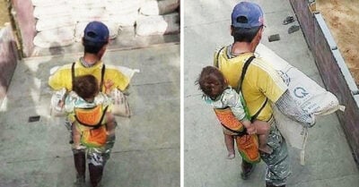 Albañil trabaja con su hijo a espaldas tras quedar viudo; no tiene quién le ayude