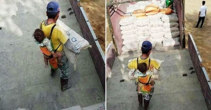 Papá cargando a su hijo en la espalda en horas de trabajo, albañil