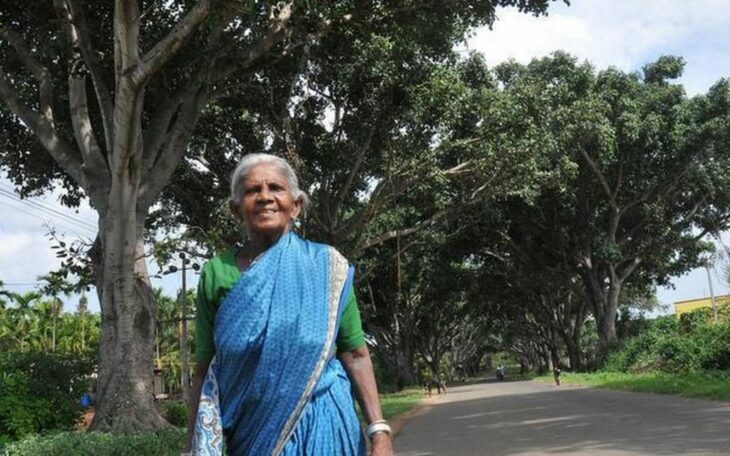 Saalumarada Thimmakka caminando por la carretera con árboles a los lados