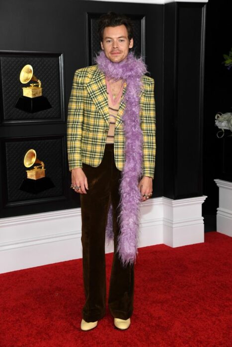 Harry Styles en la entrega de los premios Grammy 2021 llevando saco a cuadros en color amarillo y verde