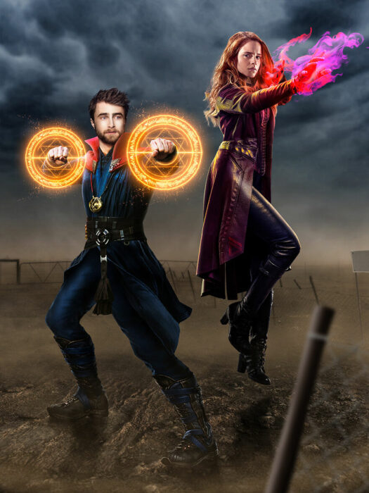 Arte digital de Sandevil mezclando a Harry Potter y Hermione con Dr. Strange y Wanda Maximoff