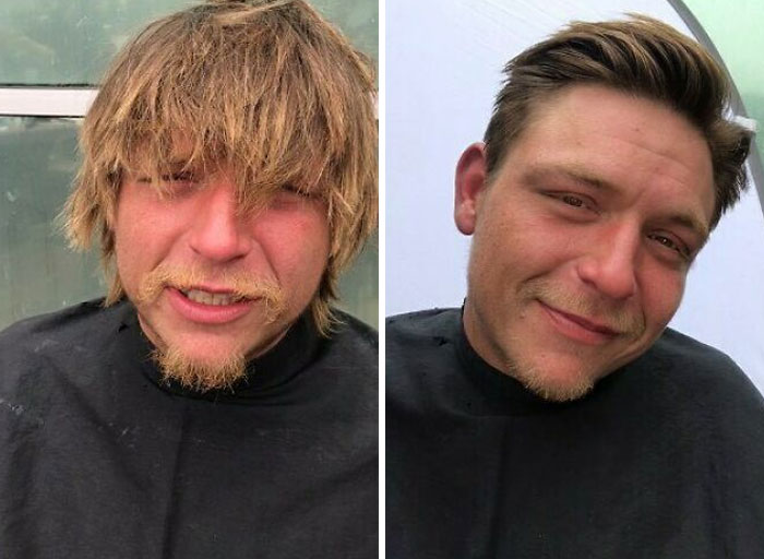 Hombre mostrando su antes y después de un corte de cabello y corte de barba 