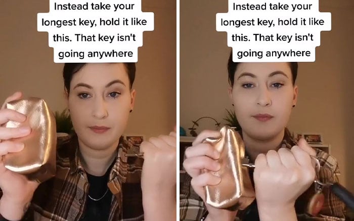 Chica explica la forma correcta de usar las llaves para defesa 