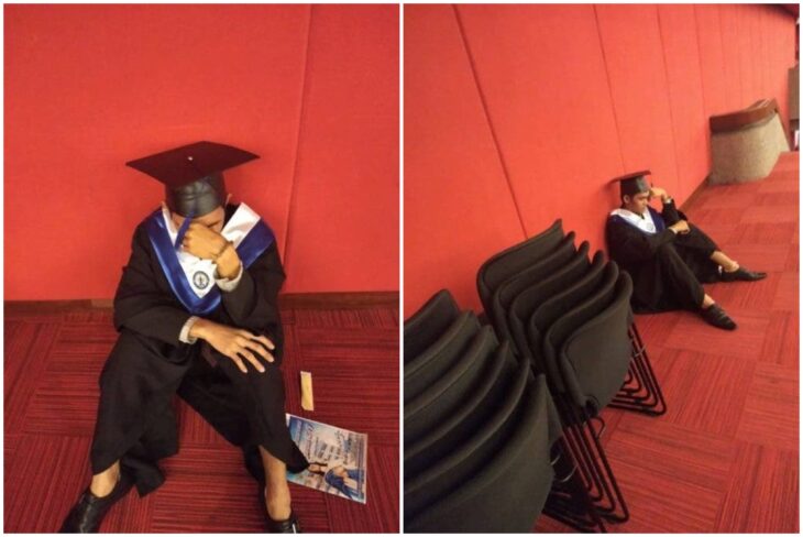 Jeric Rivas , estudiante llevando su toga, llorando durante su graduación por encontrarse solo; Estudiante llora en su graduación porque su familia no quiso acompañarlo en su gran día