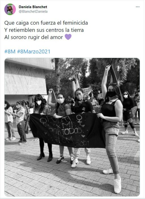 Comentarios en twitter de mujeres marchando el día internacional de la mujer 2021