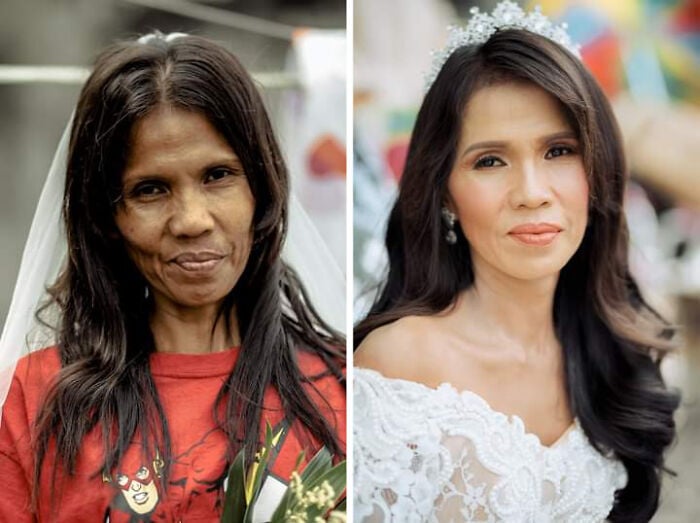 Antes y después del cambio de imagen de una mujer vestida de novia 