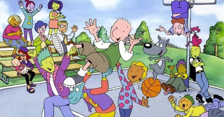 Escena del programa de Nickelodeon; Doug, todos los personajes jugando basquetbol 