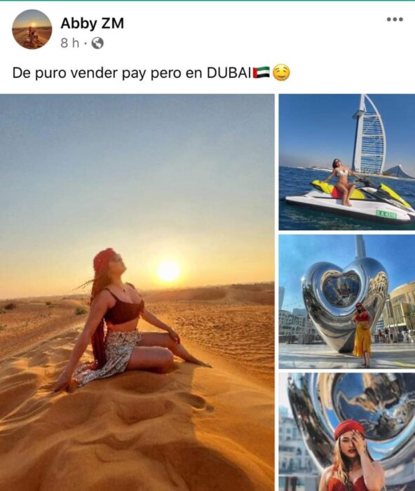 Chica sentada sobre la arena en Dubai; Mexicanos están compartiendo fotos de sus viajes con ingeniosas rimas