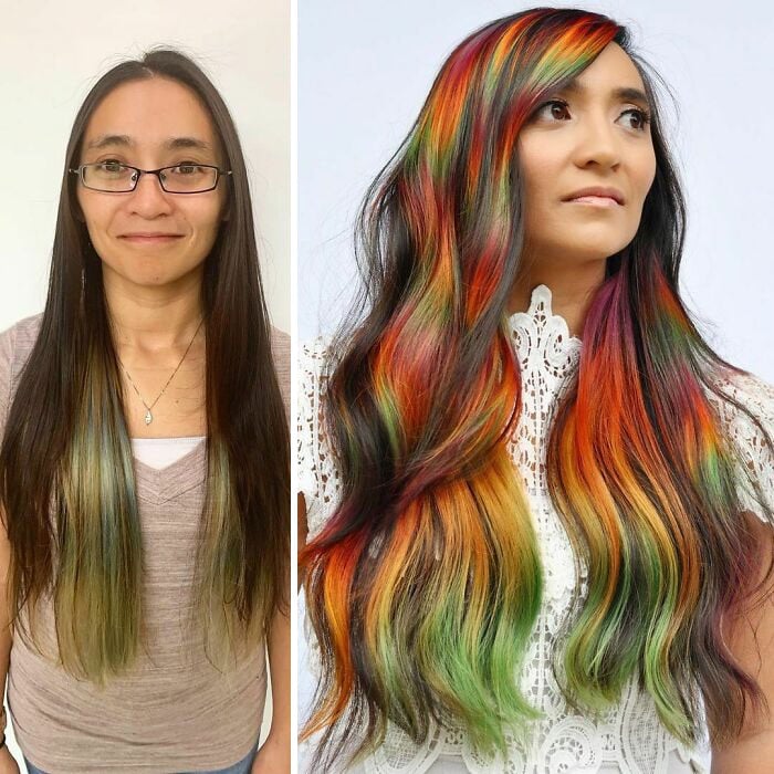 Chica mostrando el antes y después del cambio en su color de cabello por uno en tonos rojos, verdes y negros 