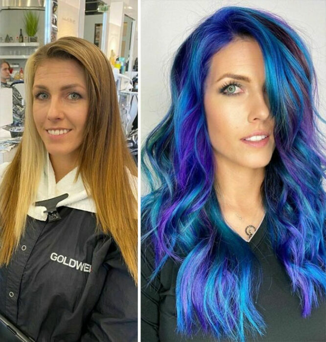 Chica mostrando el antes y después del cambio en su color de cabello por uno en tonos azules y morados 