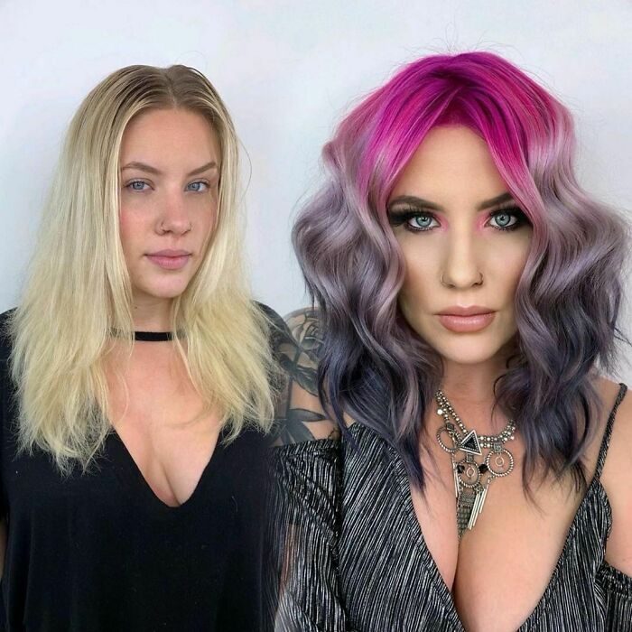 Chica mostrando el antes y después del cambio en su color de cabello por uno en tonos platinado y rosa 