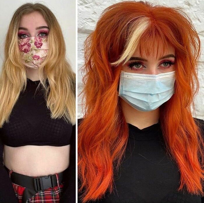 Chica mostrando el antes y después del cambio en su color de cabello por uno en tono naranja con un mechón de color rubio en el fleco 